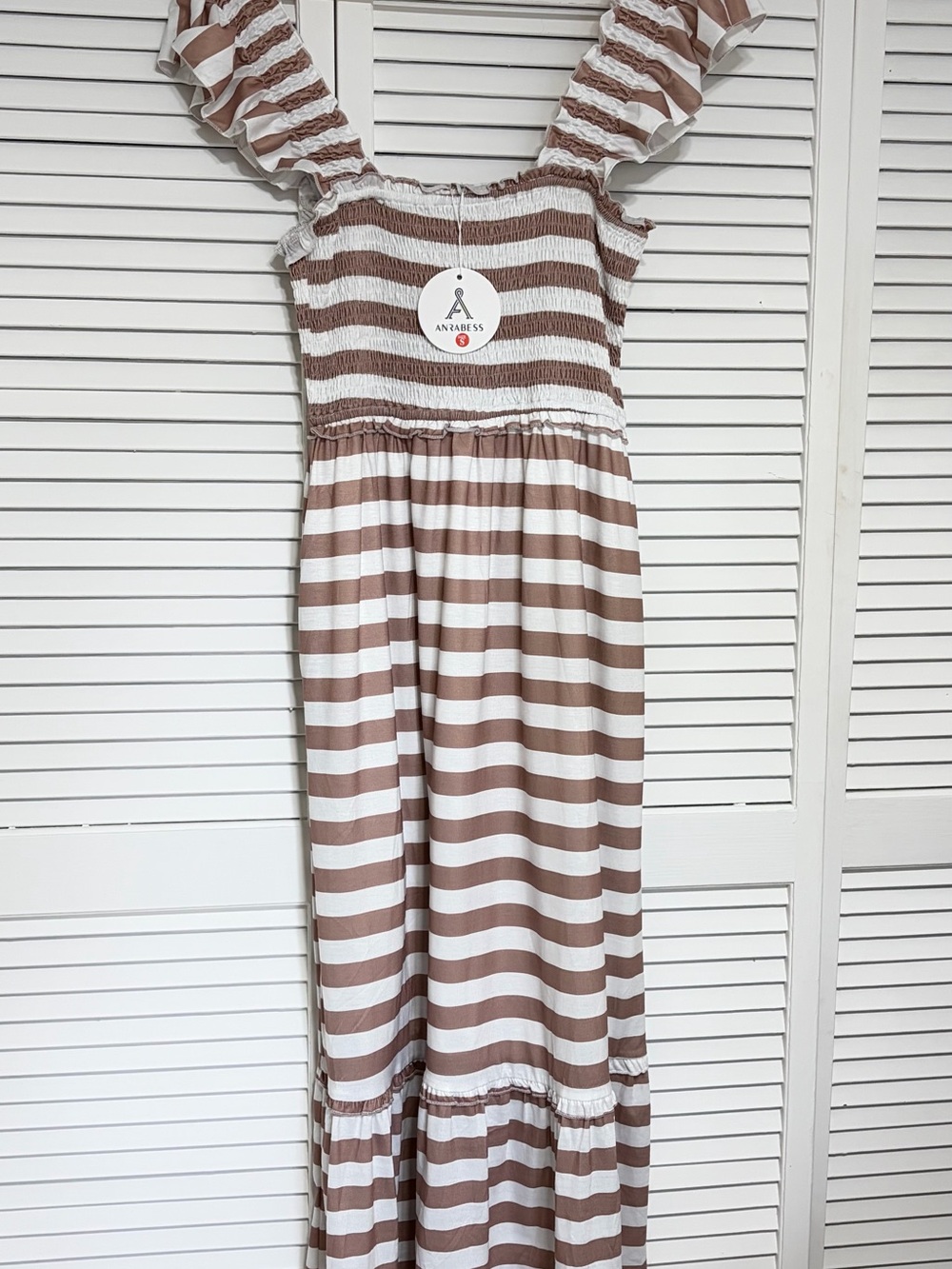 Annavibes Girls' Cream and Brown Striped Nightgown Pajama Dress
